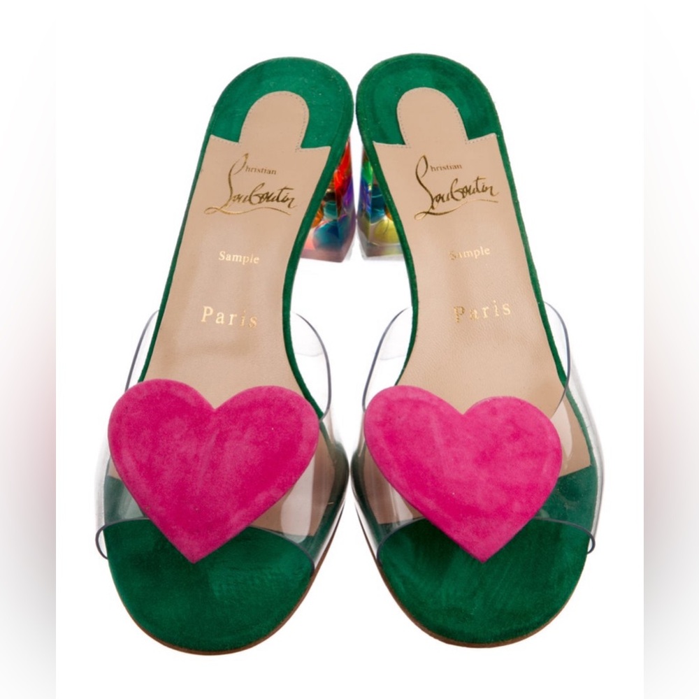 Christian Louboutin Green Suede Sandals with Pink Heart Accents